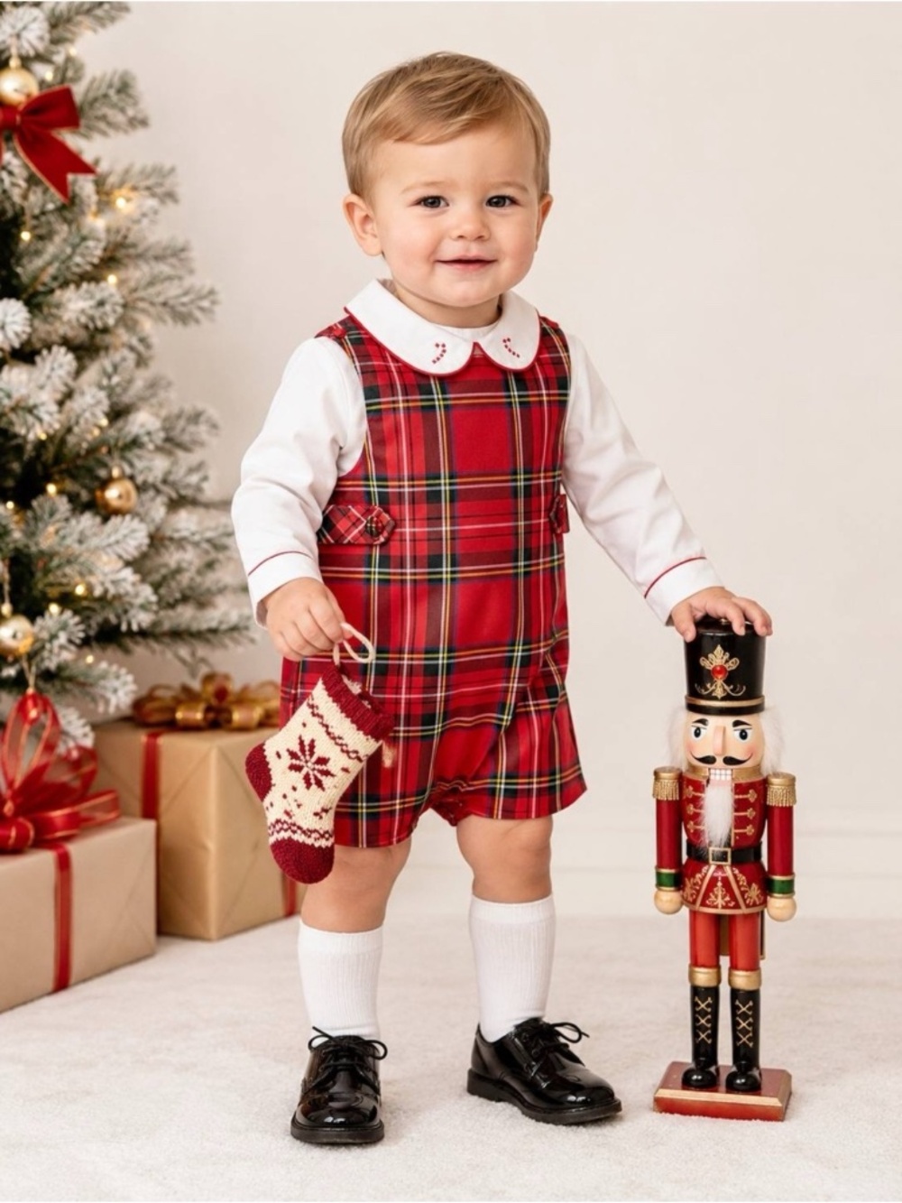Edgehill Collection Candy Cane Shortall Set Kids Red Plaid Size 18M NWT